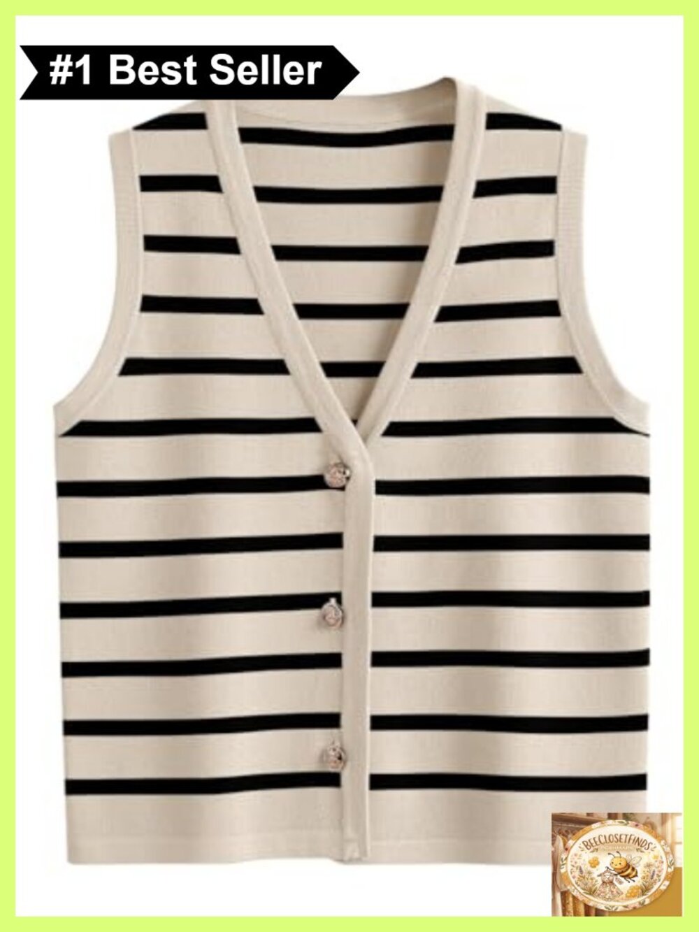 LILLUSORY Striped Sweater Vest Button Up V Neck Sleeveless Knit Top